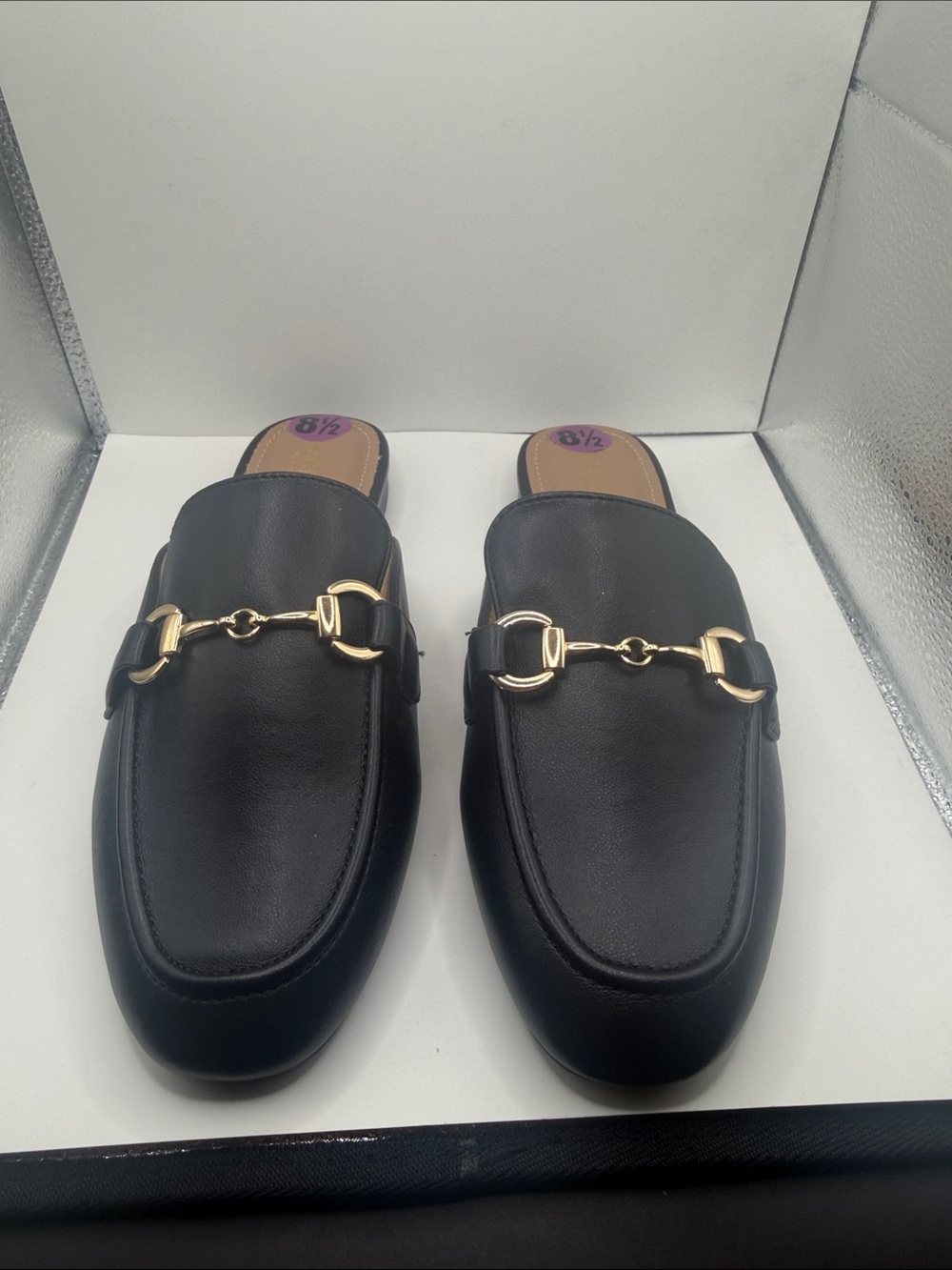 Rachel Zoe Black Leather Slip-On Mule with Gold Bit Detail